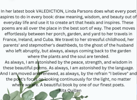 A blurb by poet Rita Sims Quillen in praise of Linda Parsons' poetry collection, Valediction.